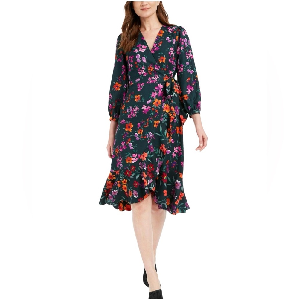 Calvin Klein Womens Floral Print Midi Wrap Dress